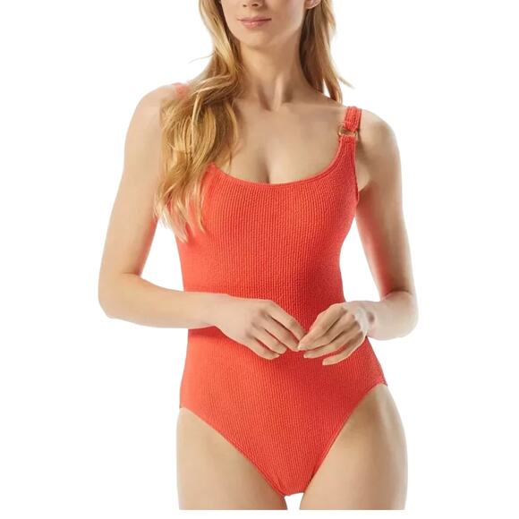 Michael Kors Resortwear Gold Ring Coral Textured One piece Swimsuit Size 6 - Picture 1 of 10